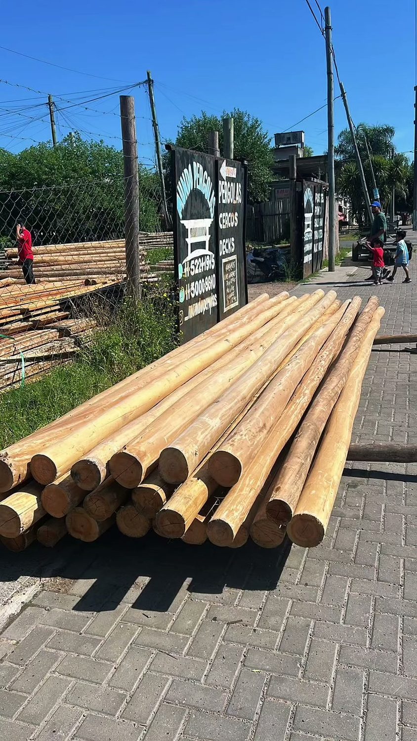 Postes de eucalipto descargados en la vereda del corralón